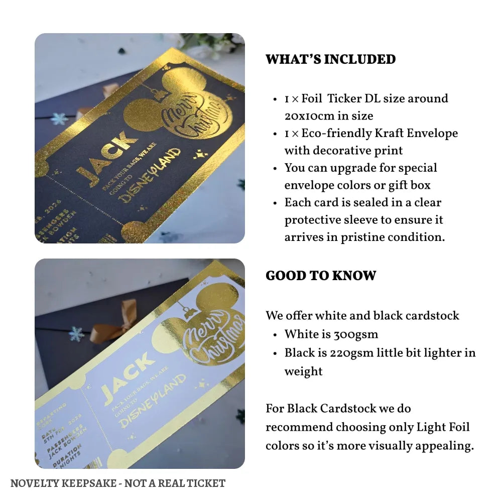 Christmas Surprise Foil Ticket | Personalised Disney Reveal - personalised christmas foil, disney trip keepsake,