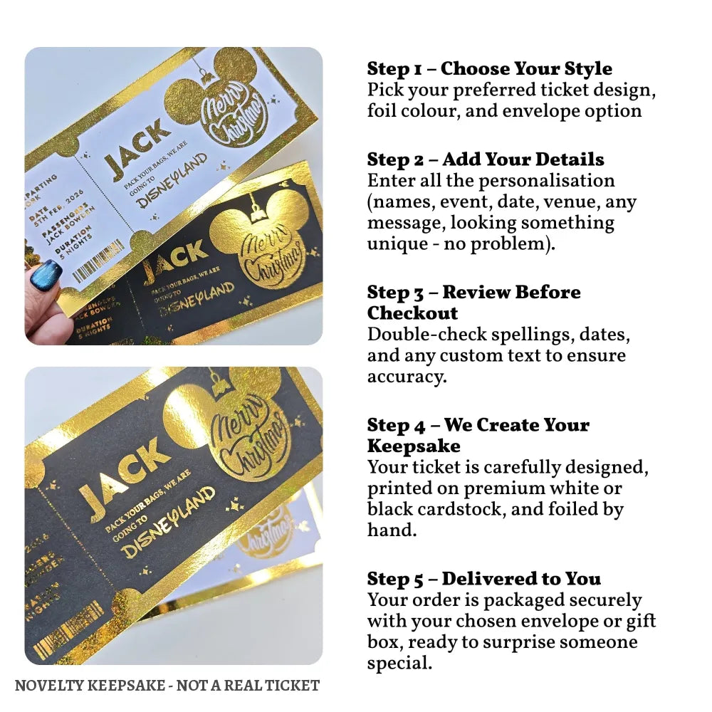 Christmas Surprise Foil Ticket | Personalised Disney Reveal - personalised christmas foil, disney trip keepsake,