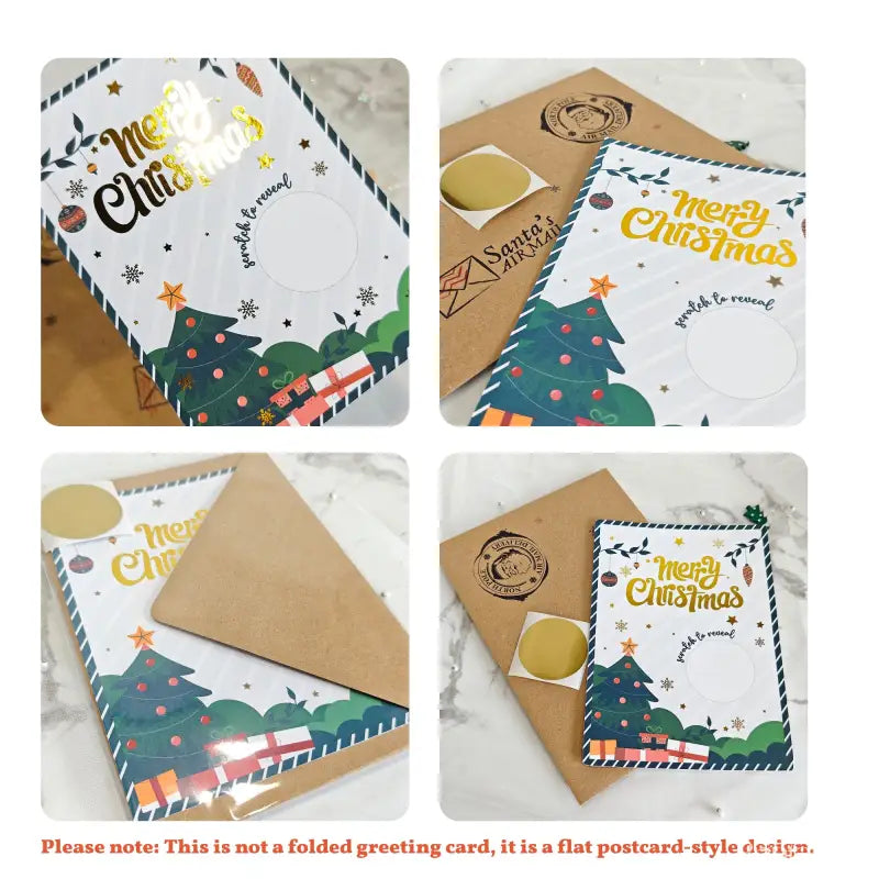 Four flat Christmas postcard-style designs with envelopes on a white background.