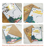 Four flat Christmas postcard-style designs with envelopes on a white background.