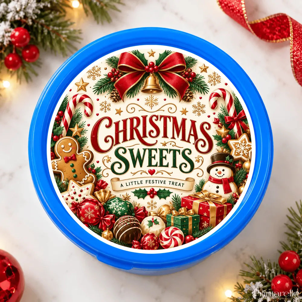 Blue circular christmas sweets gingerbread tub sticker with candy canes, gingerbread man, snowman, and festive decorations