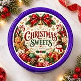 Purple circular christmas sweets gingerbread tub sticker with festive candy canes red bows and gingerbread man design