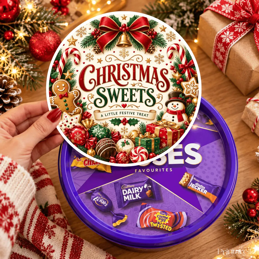 A festive circular tin of christmas sweets with a gingerbread man label filled with assorted cadbury chocolates
