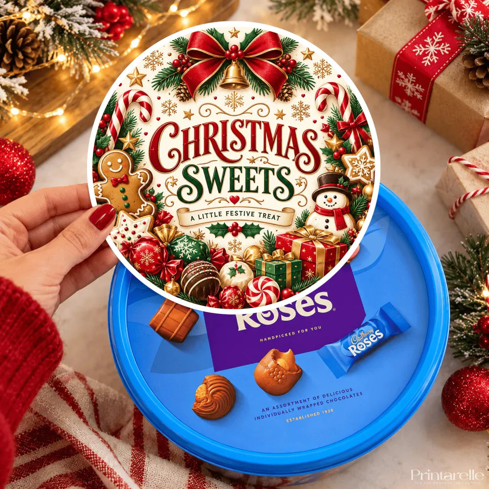A festive circular tin of cadbury roses christmas sweets with candy canes red bows and gingerbread man design