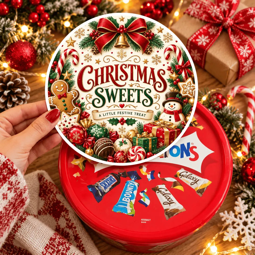 Red circular tin of christmas sweets with festive gingerbread man and candy canes illustrations and assorted chocolates