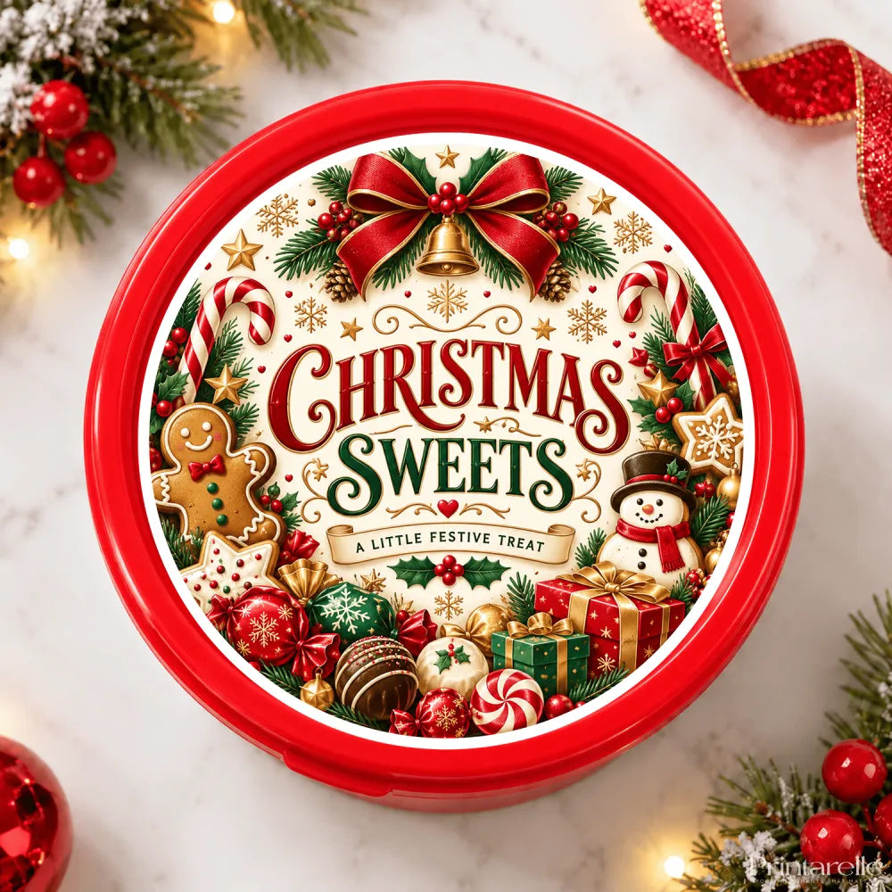 Red circular christmas sweets gingerbread tub sticker with festive candy canes, gingerbread man, snowman, and bow design