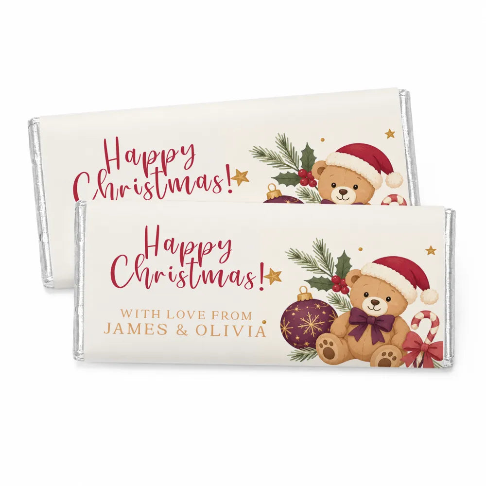 Christmas toy box personalised 40g chocolate bar with teddy bear santa hat holly ornaments and candy canes wrapper
