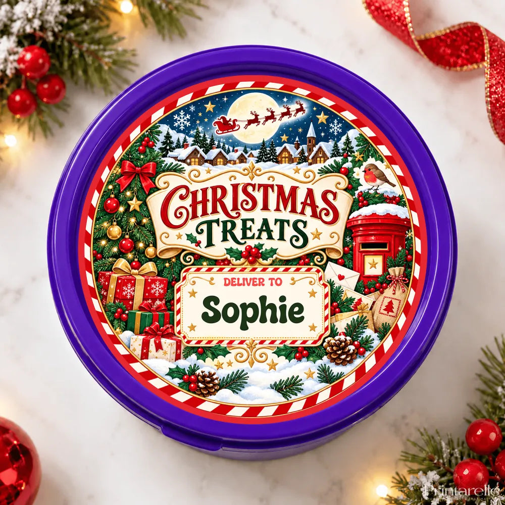 Purple circular tin with festive christmas treats personalised tub sticker featuring red green and gold decorations