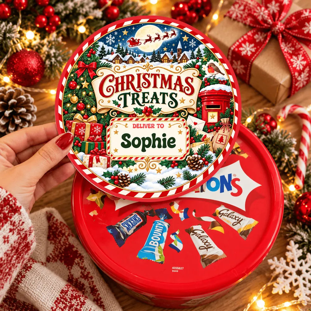 Red circular tin with personalised tub sticker for christmas treats containing assorted chocolate bars like milky way and bounty