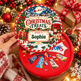 Red circular tin with personalised tub sticker for christmas treats containing assorted chocolate bars like milky way and bounty