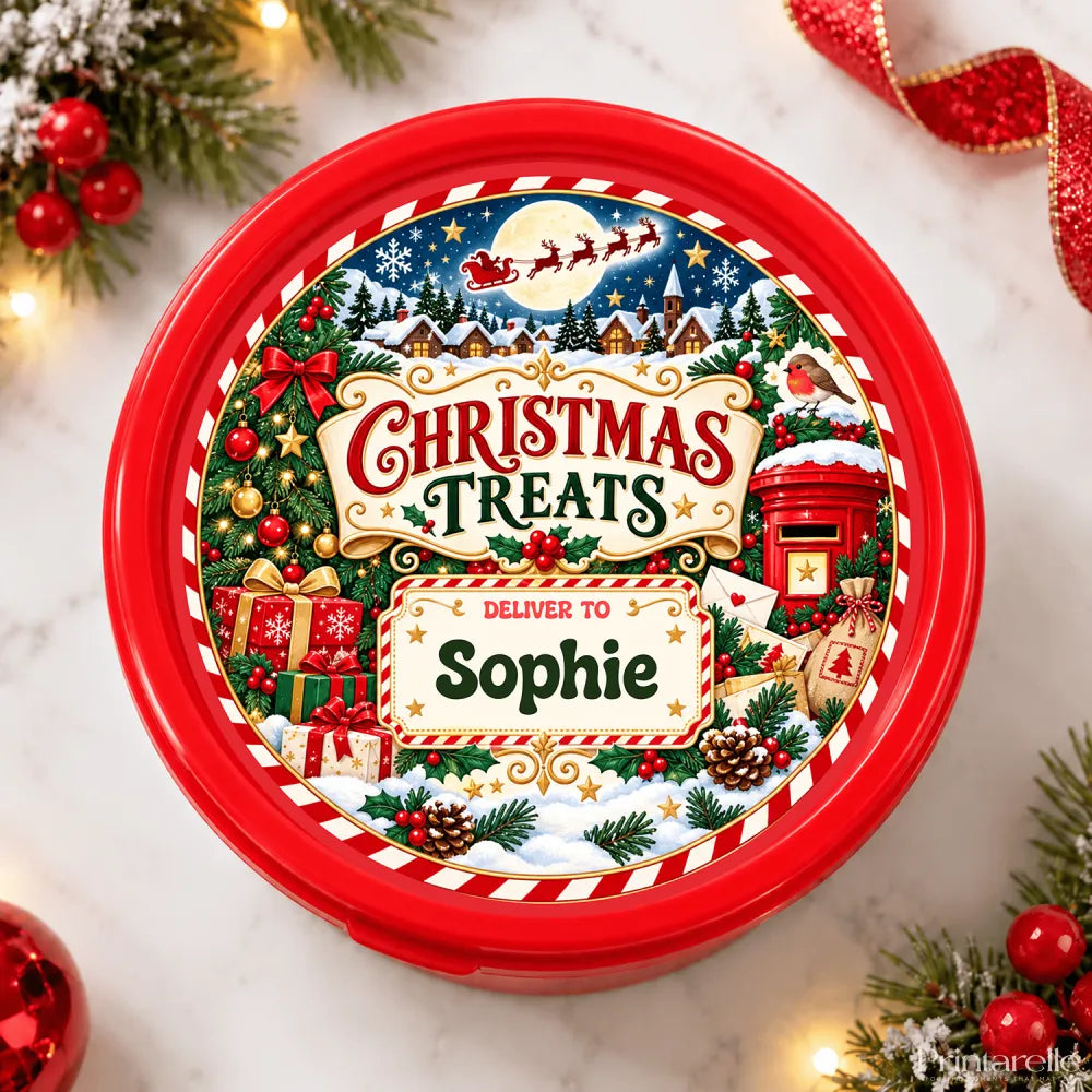 Red circular tin with festive personalised tub sticker labeled christmas treats for holiday gift delivery