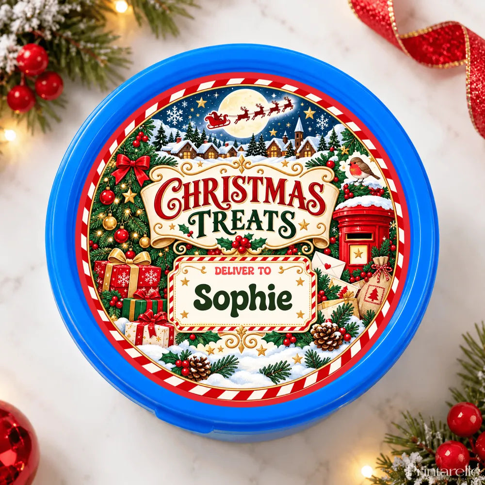 Blue circular container with personalised christmas treats tub sticker featuring festive red green and gold decorations