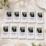Personalised 40g chocolate bar wrapped in silver foil with a photo of a boy in formal attire for church and lilies