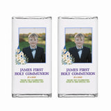 Personalised 40g chocolate bar with a boy photo in formal wear decorated with church and lilies design