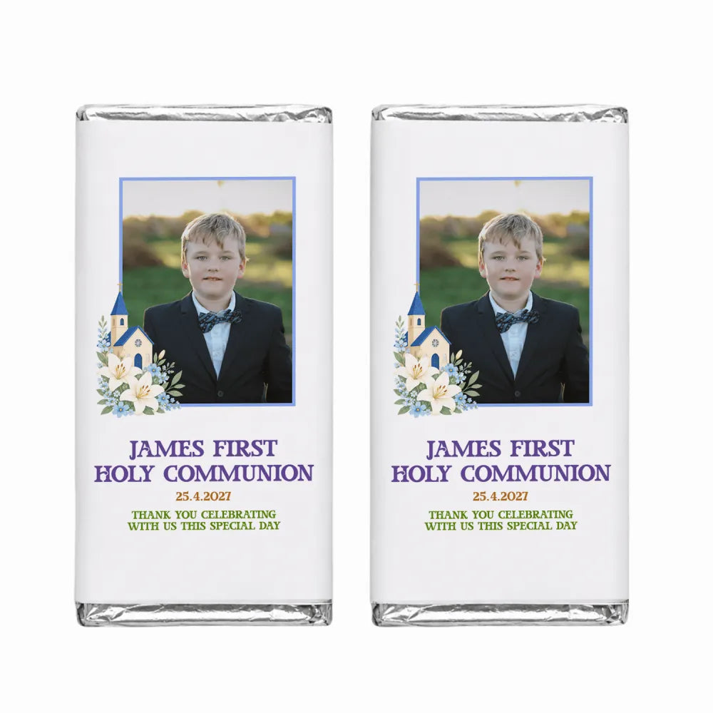 Personalised 40g chocolate bar with a boy photo in formal wear decorated with church and lilies design