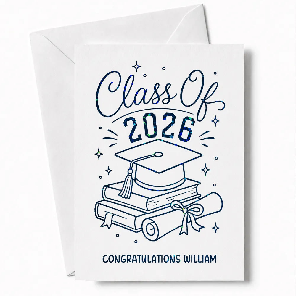 White personalised class of 2026 graduation card with navy blue glittery script blue star illustrations and cap books diploma