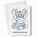White personalised class of 2026 graduation card with navy blue glittery script blue star illustrations and cap books diploma