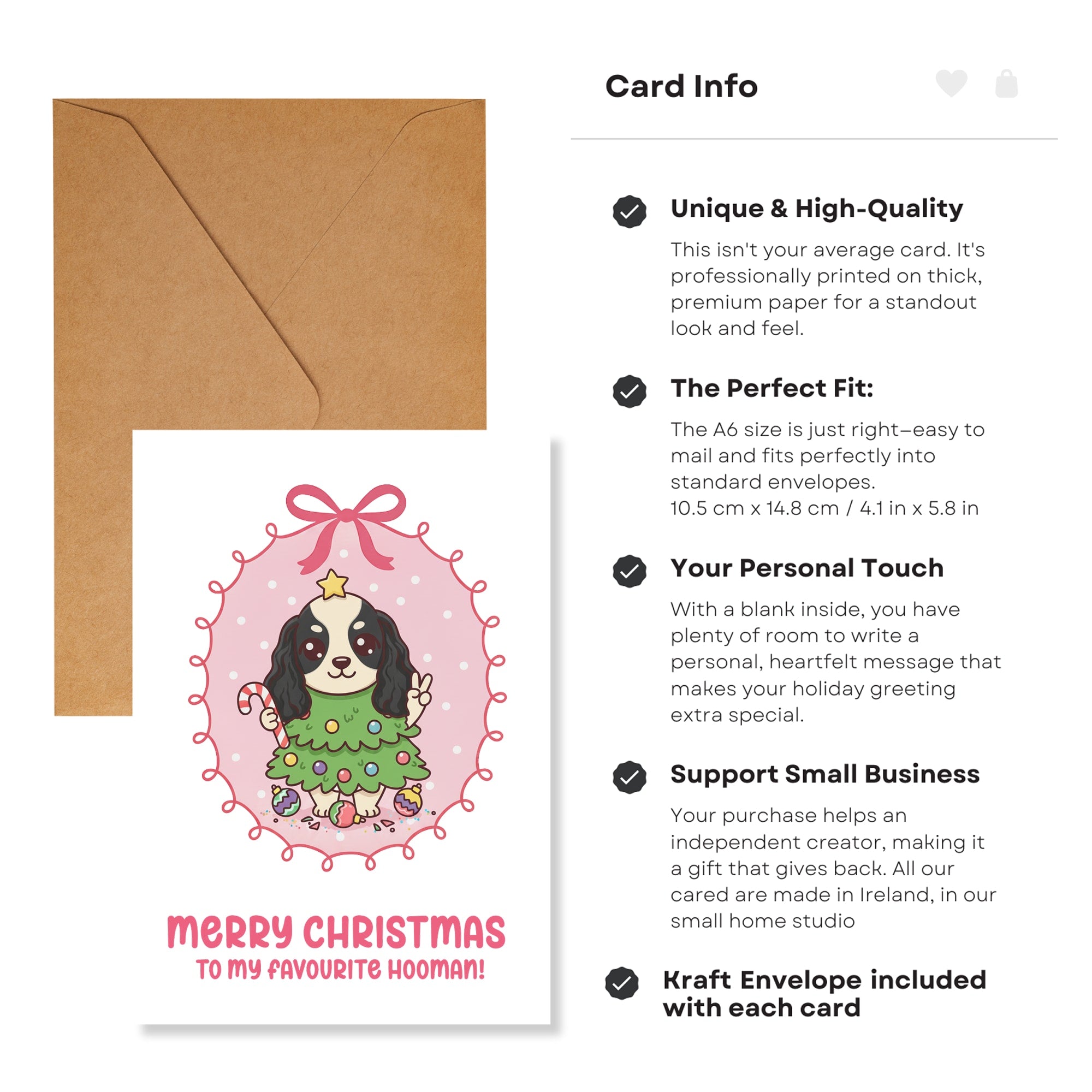 Christmas card with a dog illustration and brown envelope, featuring text about card quality and features.