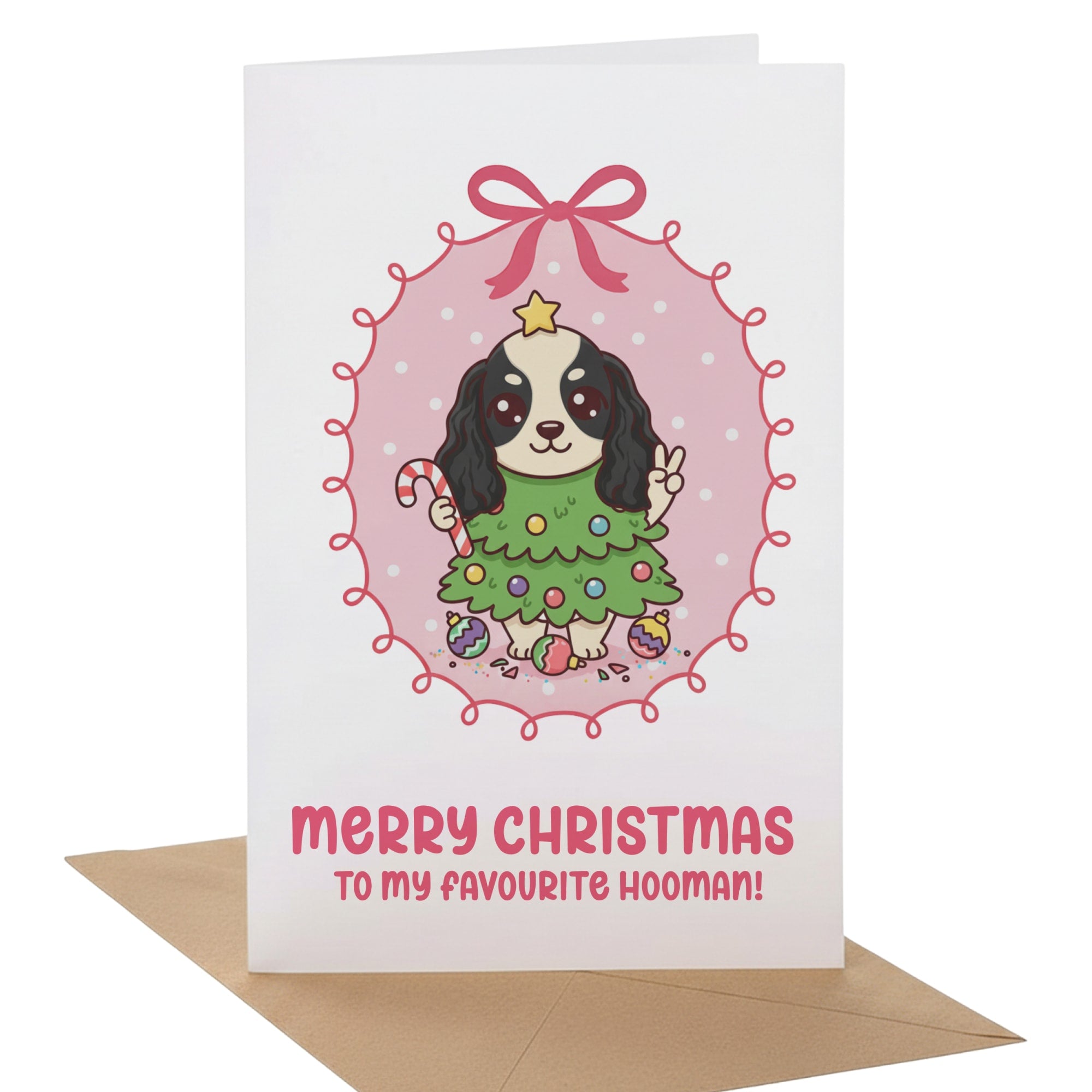 Christmas card with a dog illustration and 'Merry Christmas to my favourite hooman!' text.