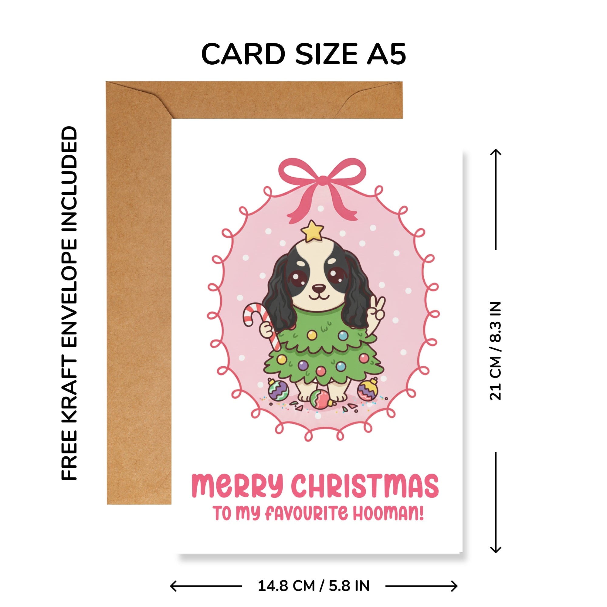 Christmas-themed card with a dog illustration and free kraft envelope, showing dimensions.
