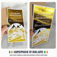 Christmas-themed Polar Express ticket with gold and black design, held by a hand.