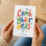 Colorful irish congratulations card with playful multicolored lettering and festive accents for celebrations