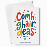 Colorful hand-drawn irish congratulations card with multicolored lettering and festive star accents