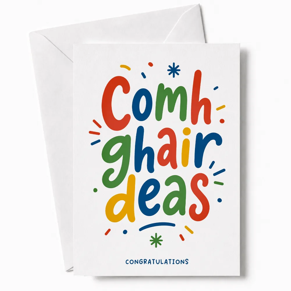 Colorful hand-drawn irish congratulations card with multicolored lettering and festive star accents