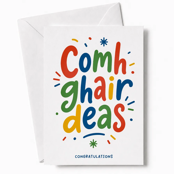Colorful hand-drawn irish congratulations card with multicolored lettering and festive star accents
