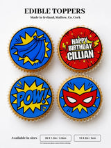 Comic hero personalised edible cupcake toppers in vibrant blue red and yellow icing sheet comic book designs