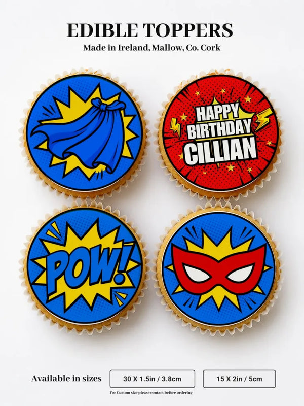 Comic hero personalised edible cupcake toppers in vibrant blue red and yellow icing sheet comic book designs