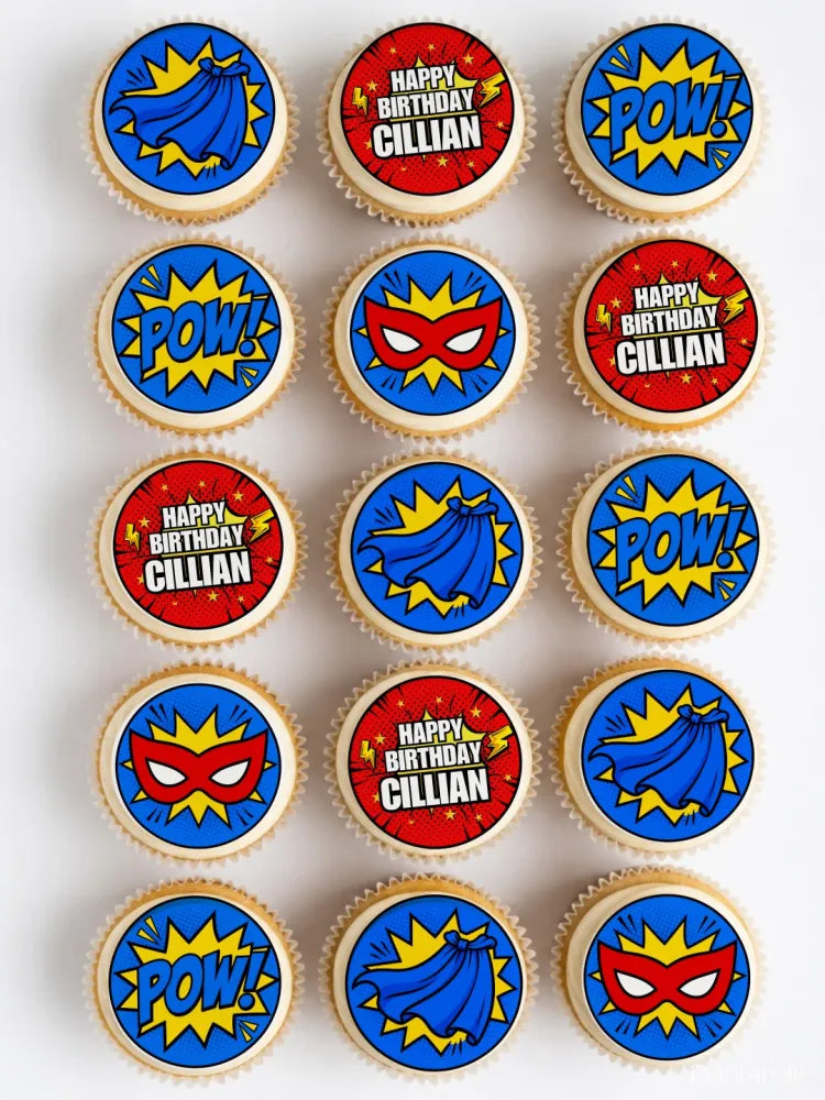 Comic hero personalised edible cupcake toppers with red blue yellow icing sheet featuring happy birthday cillian and pow graphics