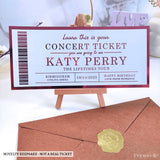 Concert Foil Ticket - Personalised Romantic Keepsake - personalised concert foil, kraft envelope, real concert,