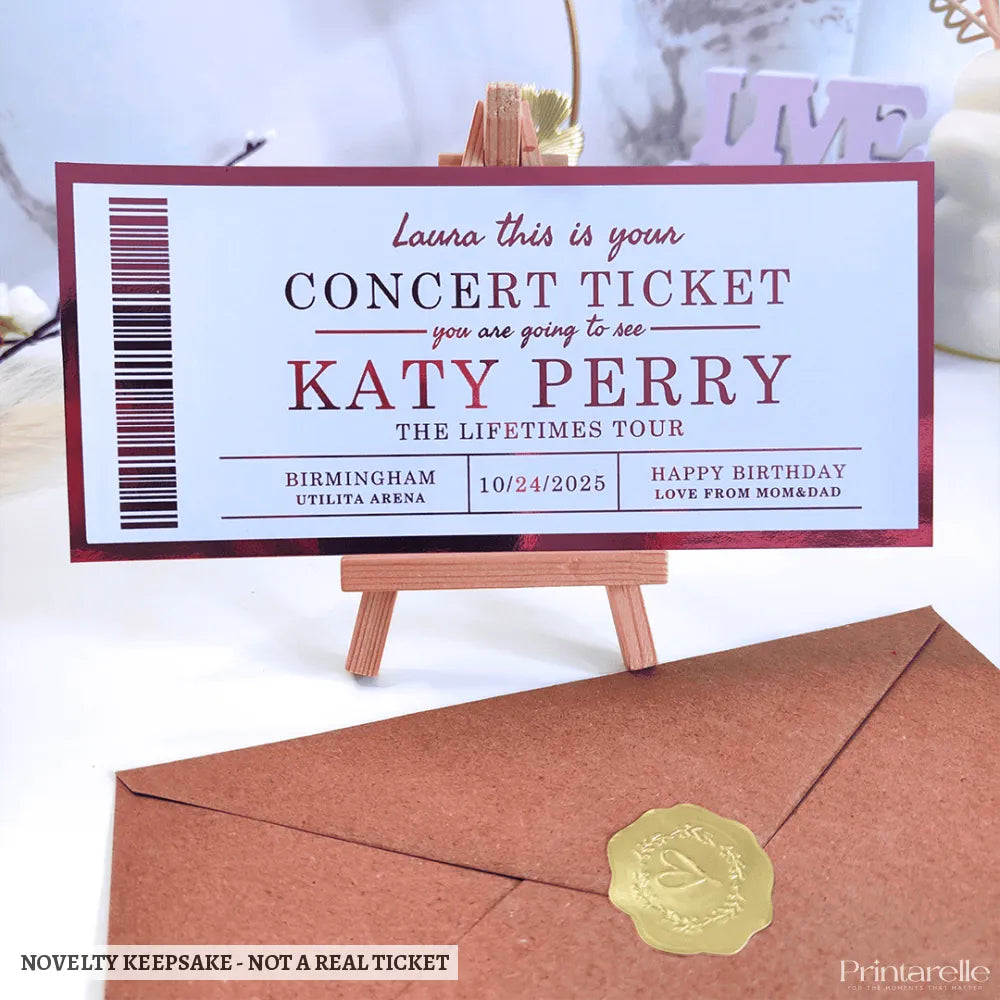 Concert Foil Ticket - Personalised Romantic Keepsake - personalised concert foil, kraft envelope, real concert,