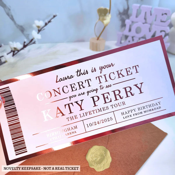 Concert Foil Ticket - Personalised Romantic Keepsake - personalised concert foil, kraft envelope, real concert,