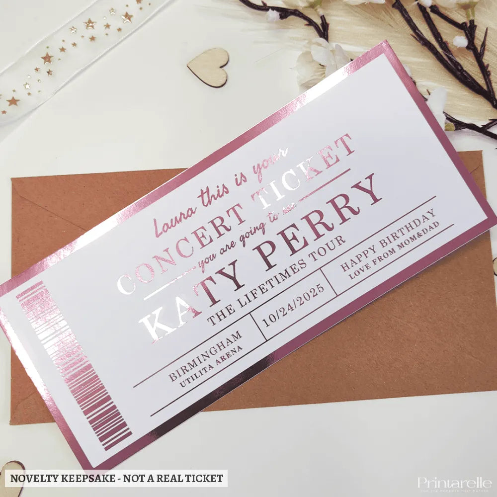 Concert Foil Ticket - Personalised Romantic Keepsake - personalised concert foil, kraft envelope, real concert,