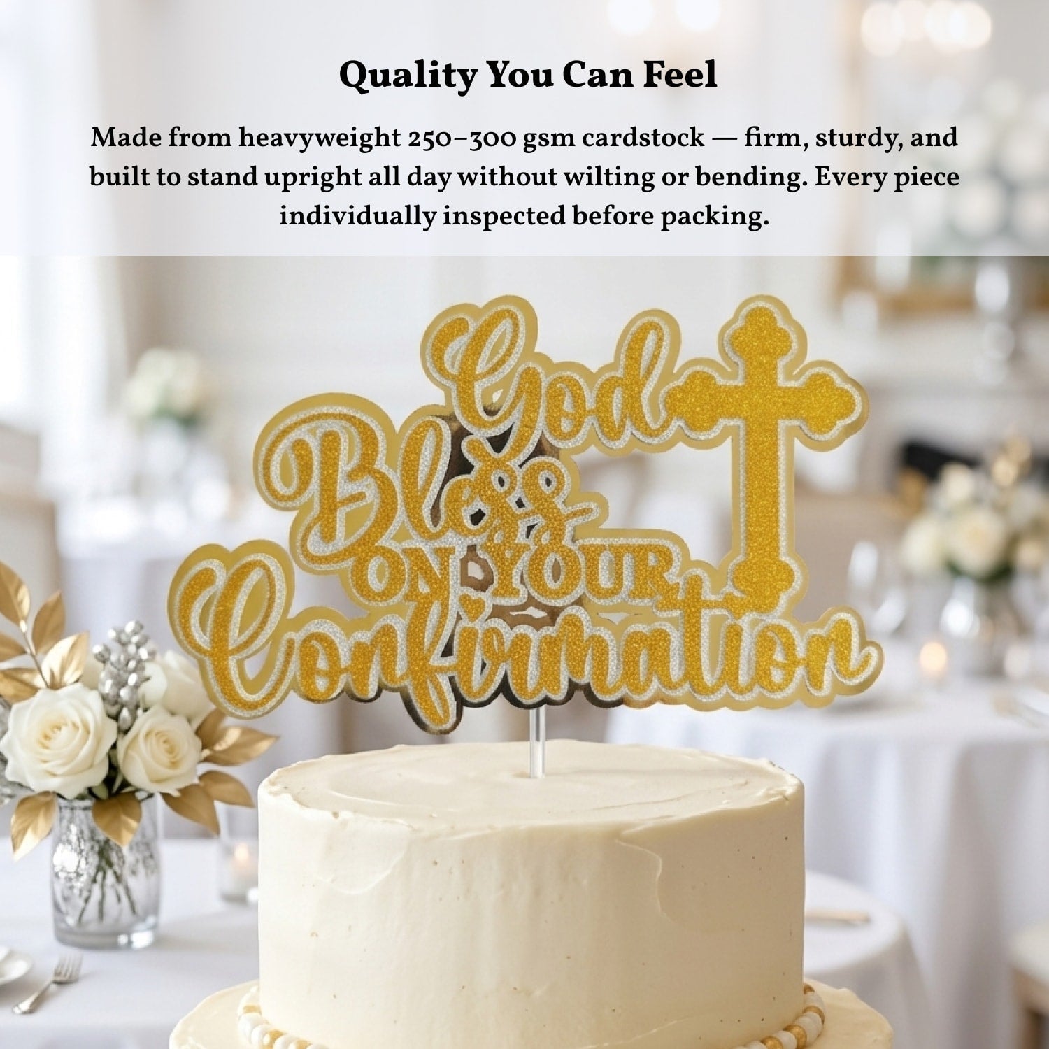 Confirmation Cake Topper, God Bless On Your Confirmation Gold Glitter & Mirror with Cross - Cake Topper - Printarelle