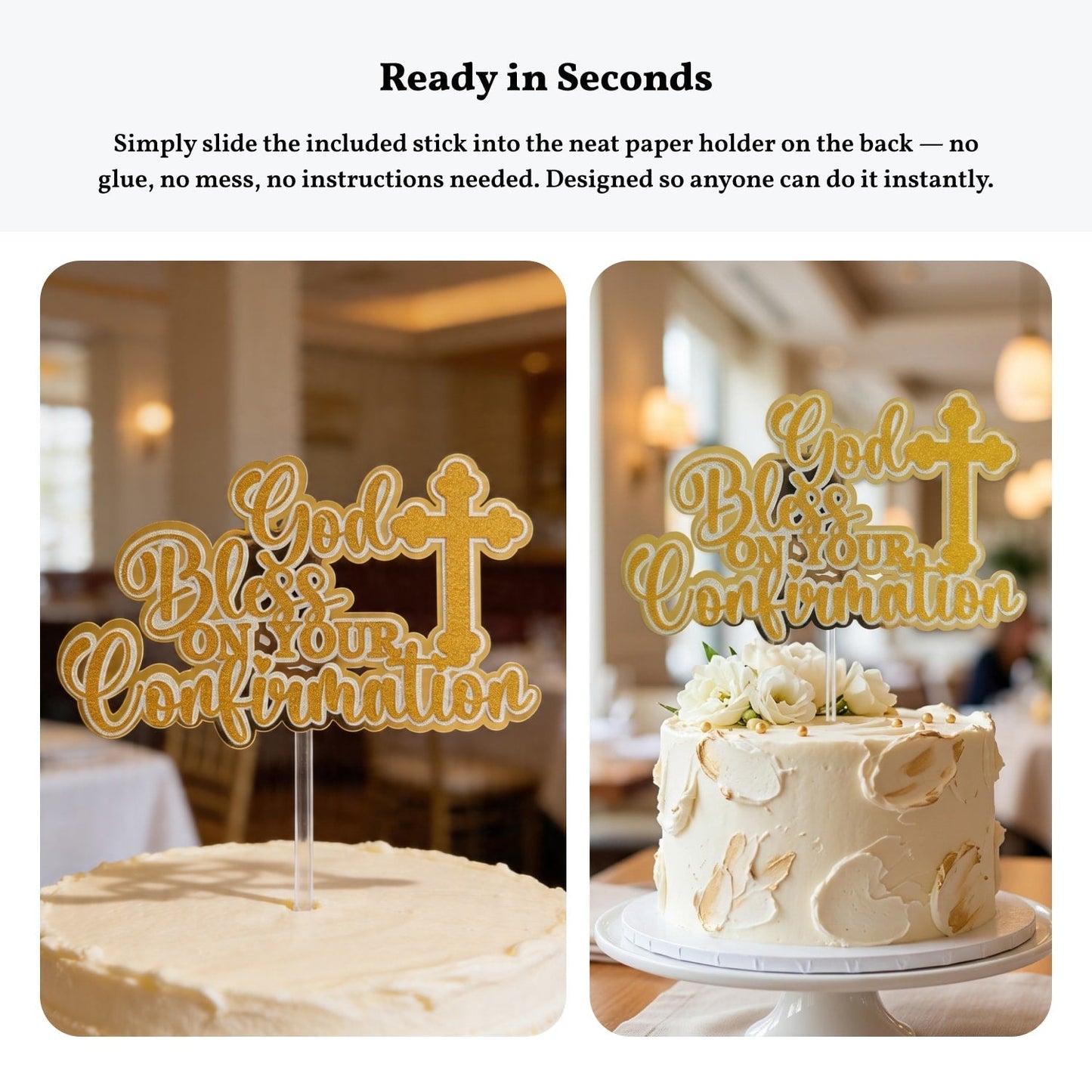 Confirmation Cake Topper, God Bless On Your Confirmation Gold Glitter & Mirror with Cross - Cake Topper - Printarelle
