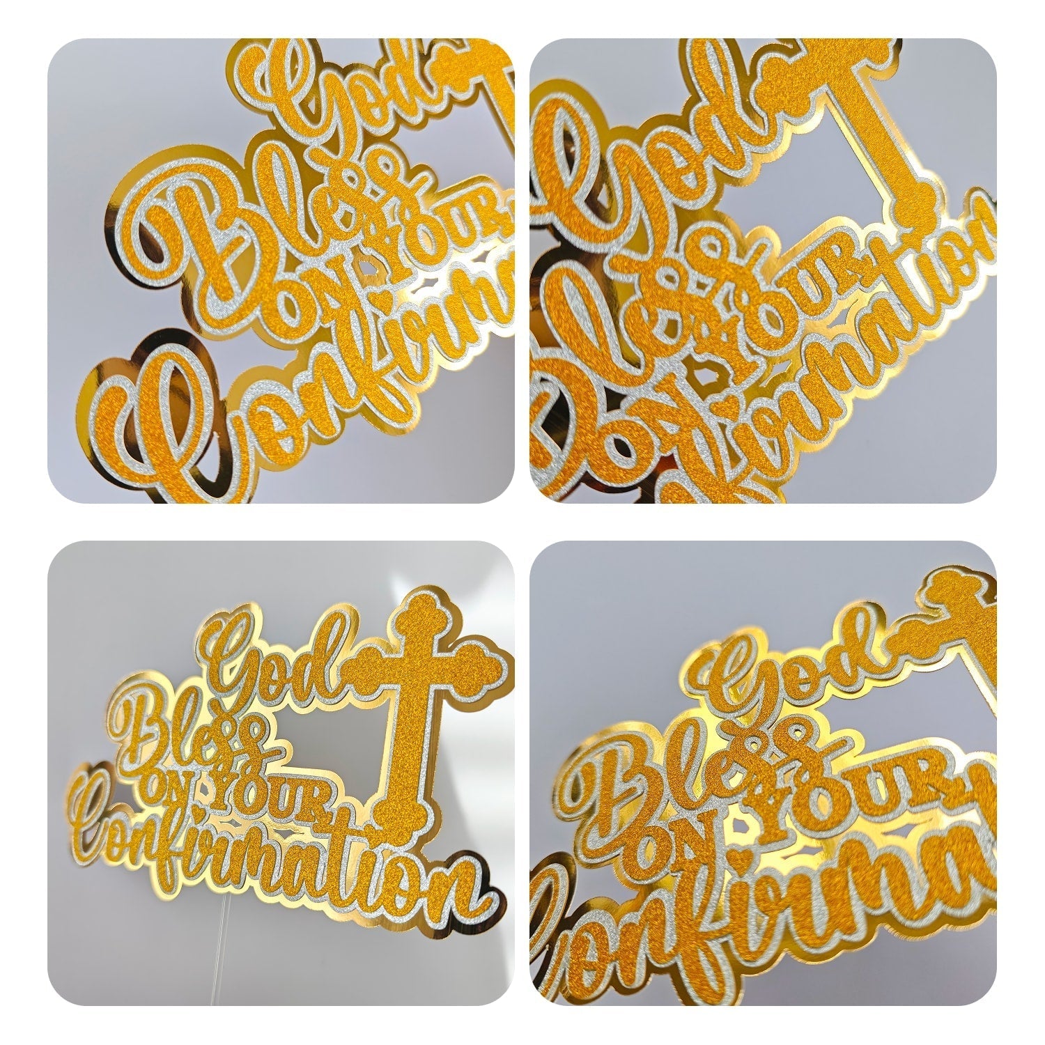 Confirmation Cake Topper, God Bless On Your Confirmation Gold Glitter & Mirror with Cross - Cake Topper - Printarelle