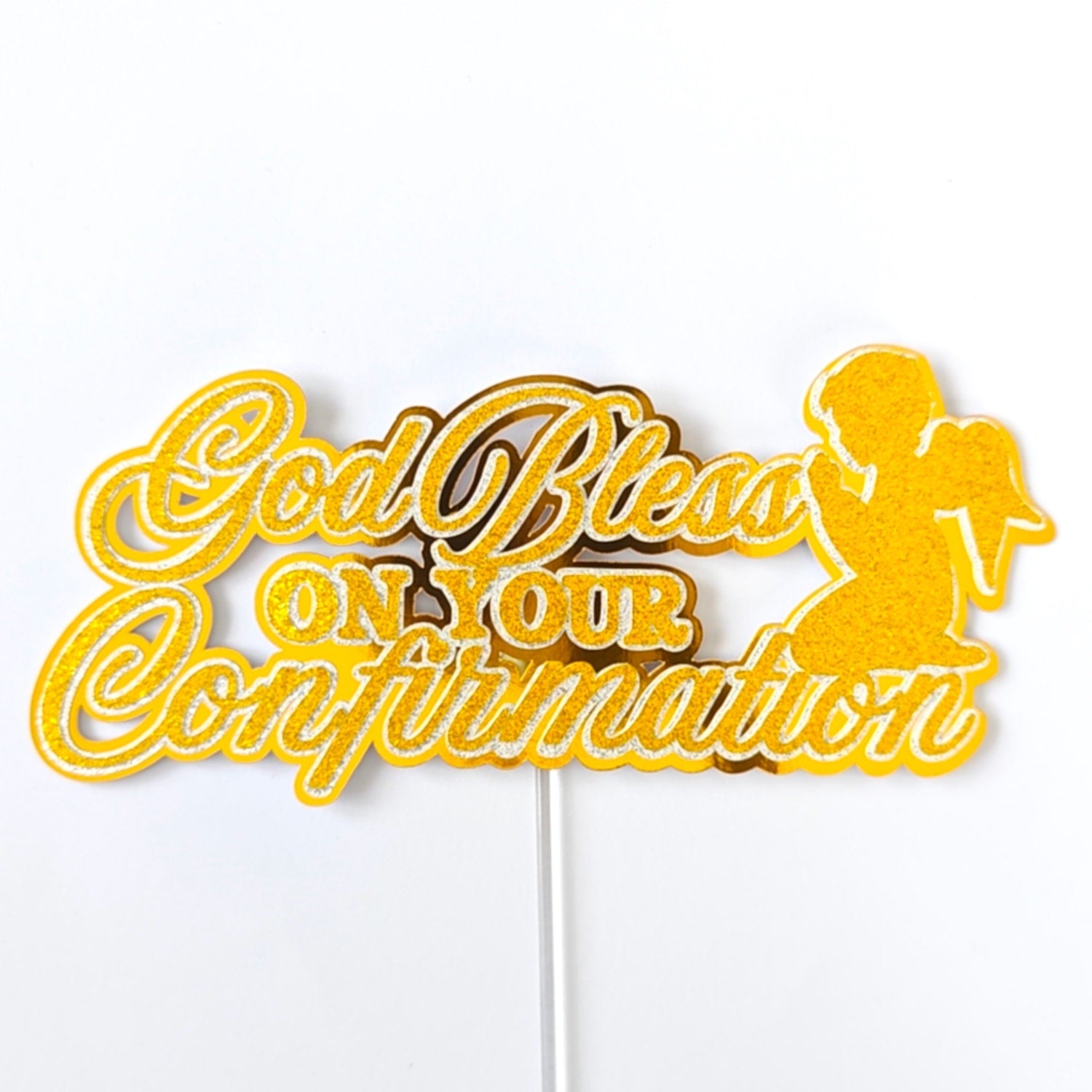 Confirmation Cake Topper, God Bless On Your Confirmation Gold Glitter with Angel - Cake Topper - Printarelle