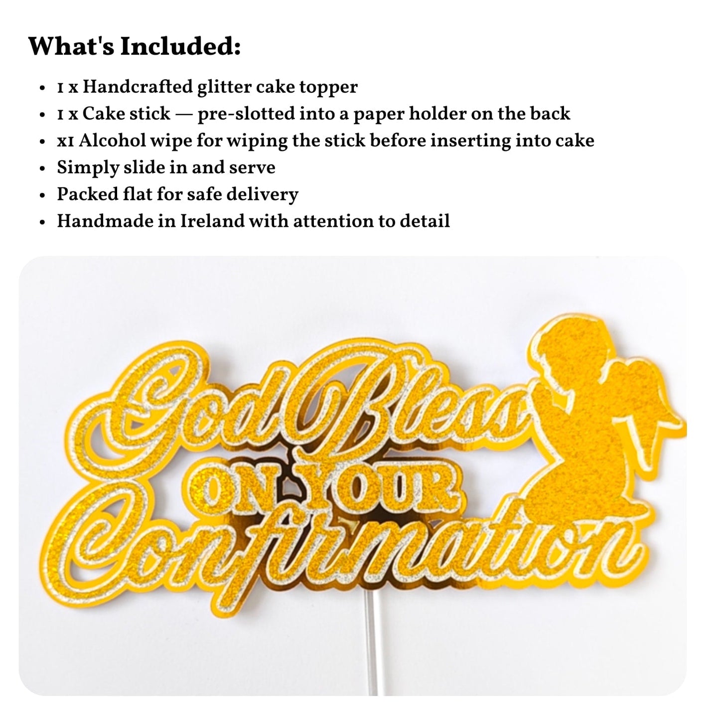 Confirmation Cake Topper, God Bless On Your Confirmation Gold Glitter with Angel - Cake Topper - Printarelle