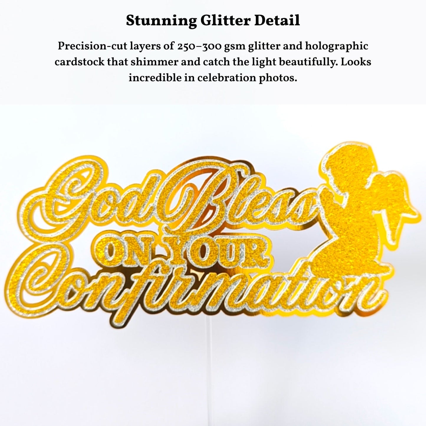 Confirmation Cake Topper, God Bless On Your Confirmation Gold Glitter with Angel - Cake Topper - Printarelle