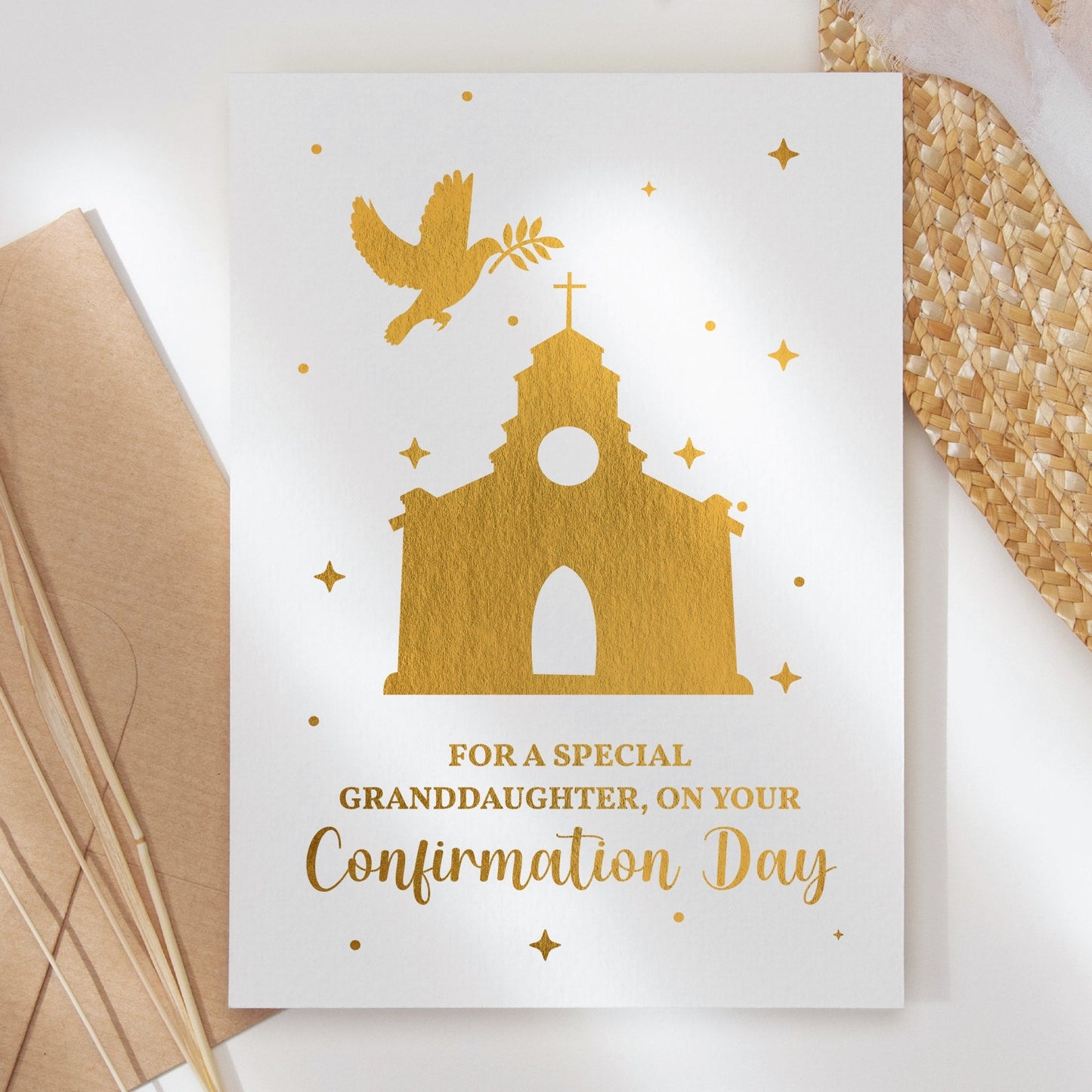 Confirmation Card - Church & Dove - Granddaughter / A6 / Light Blue Greeting Card - Printarelle