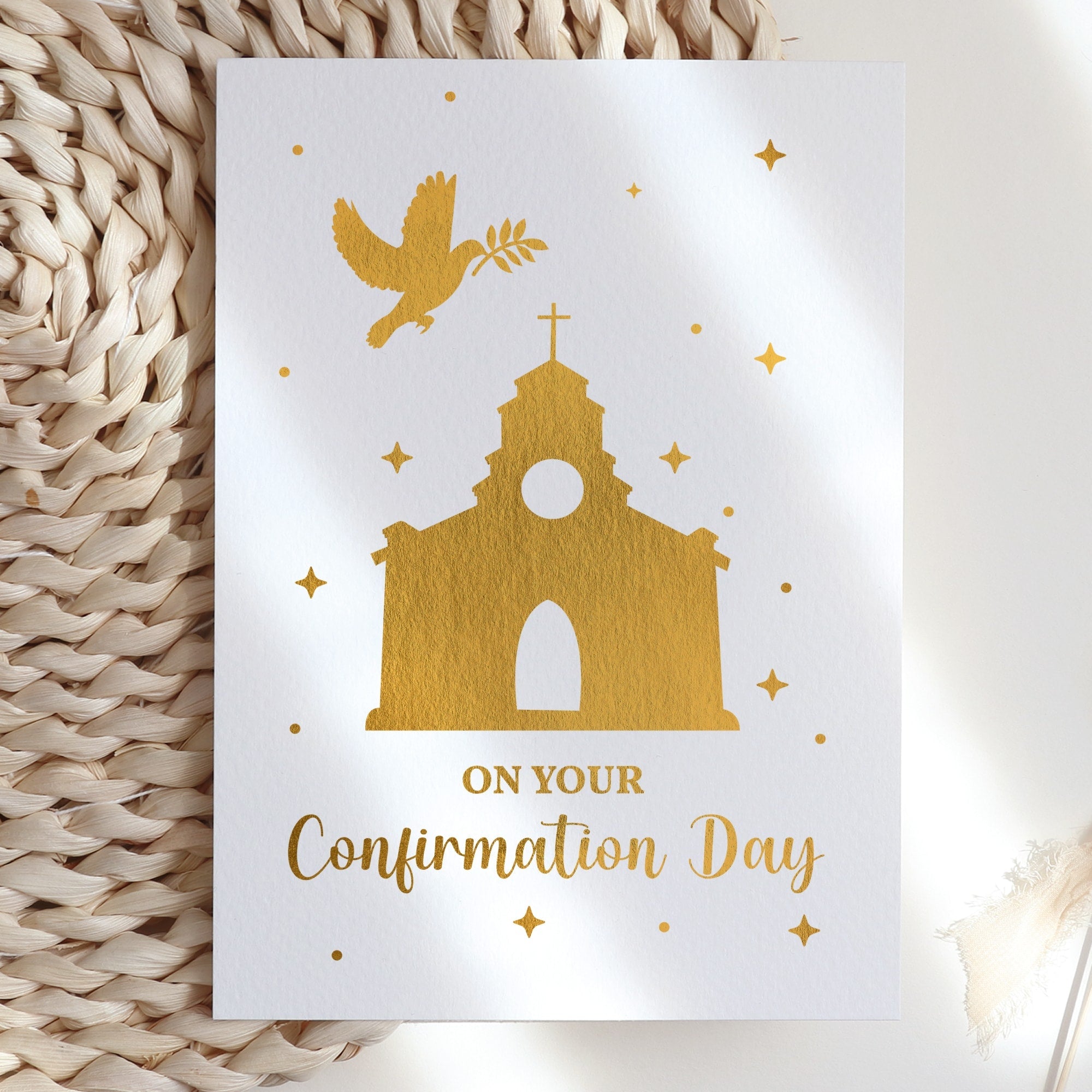 Confirmation Card - Church & Dove - Premade - not personalised / A6 / Light Blue Greeting Card - Printarelle