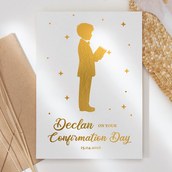 Confirmation Card for Boys - Praying Silhouette - A6 / Customizable / Holographic Red Greeting Card - Printarelle