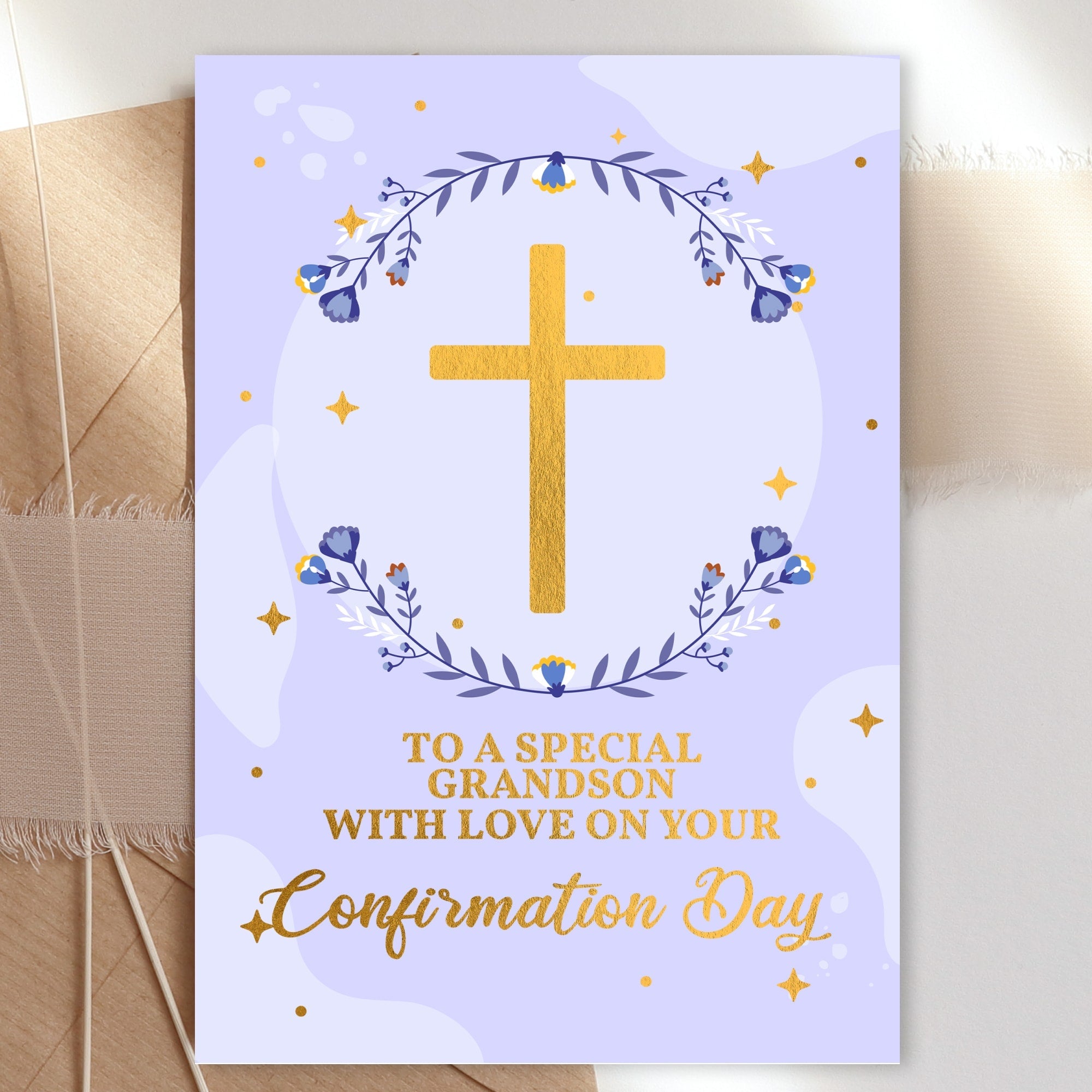 Confirmation Card for Boys - Purple Floral - A6 / Grandson Greeting Card - Printarelle