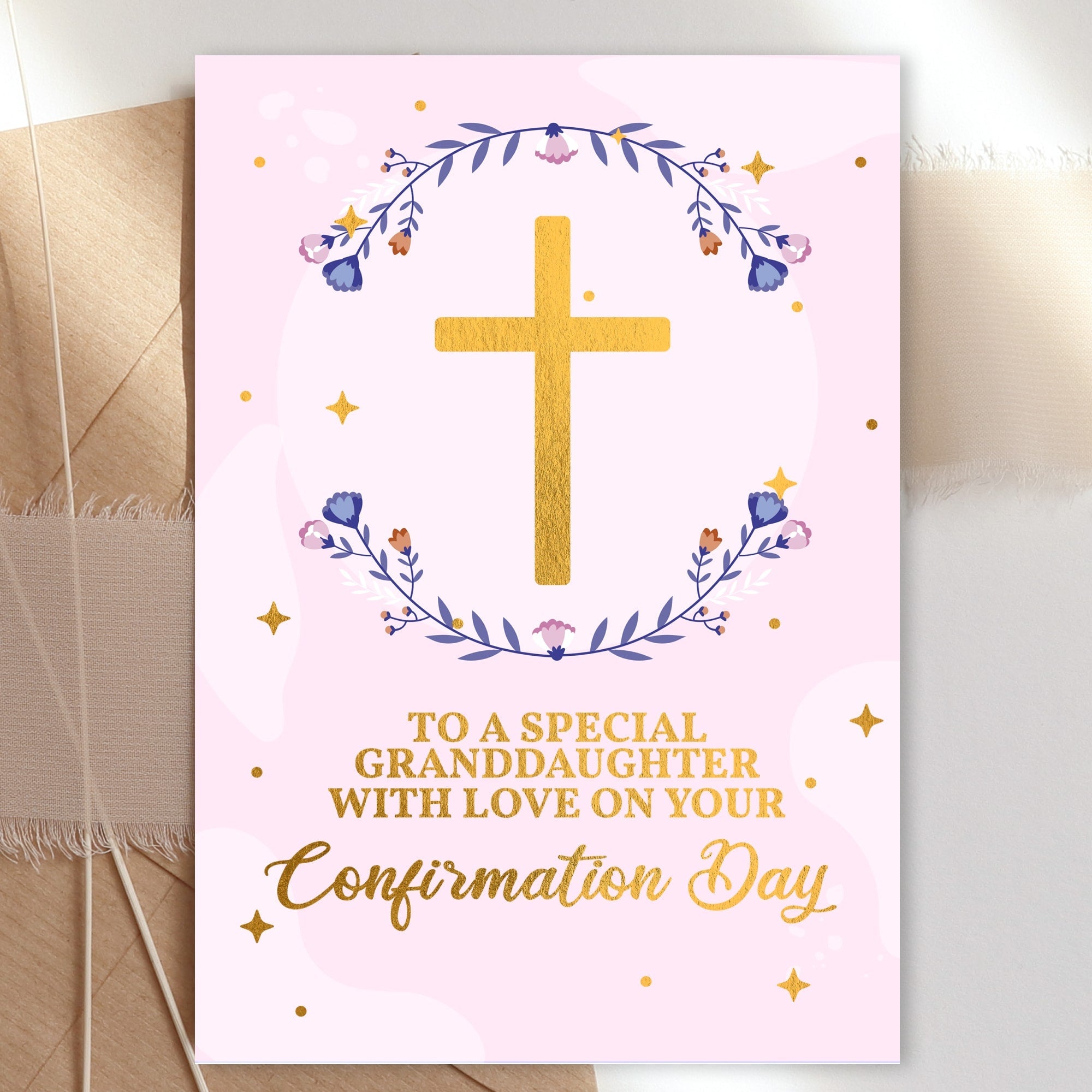 Confirmation Card for Girls - Pink Floral - A6 / Granddaughter Greeting Card - Printarelle