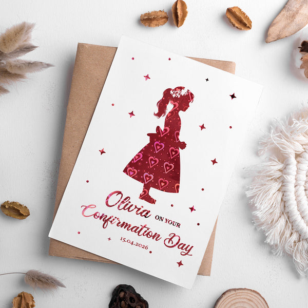 Confirmation Card for Girls - Praying Silhouette - Customizable / A6 / Holographic Red Greeting Card - Printarelle