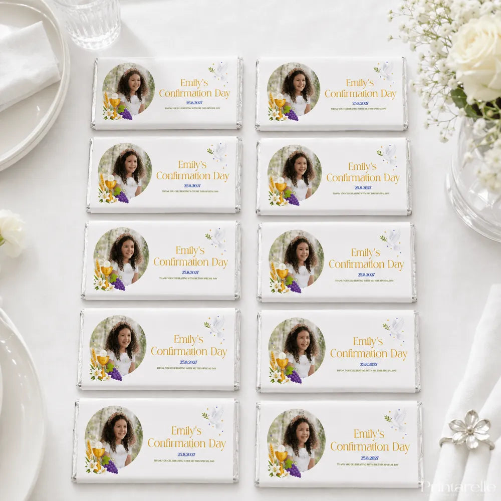 Personalised 40g white chocolate bar wrappers with emilys photo gold text and purple yellow floral for confirmation favours