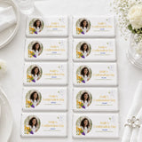Personalised 40g white chocolate bar wrappers with emilys photo gold text and purple yellow floral for confirmation favours